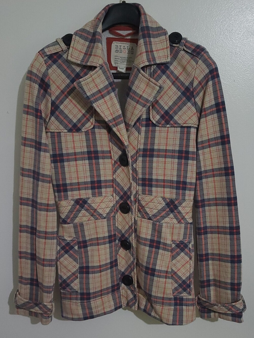 Billabong Y2K Plaid Pea Coat Jacket Size S